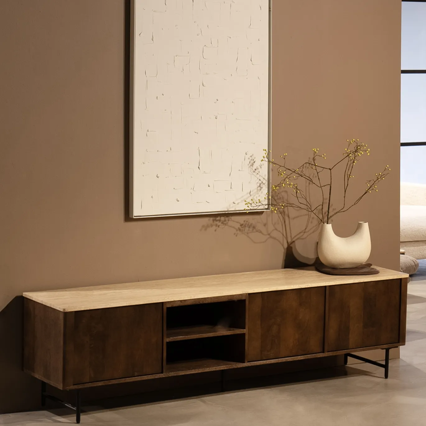 Eleonora Tv-Meubel Lio 3-Deurs Mangohout & Travertin Beige 200cm