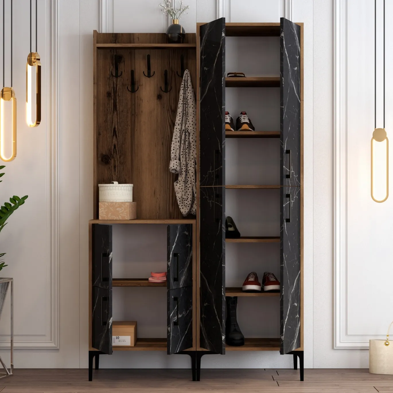 Garderobemeubel Berlin Melamine Walnoot Zwart Marmerlook