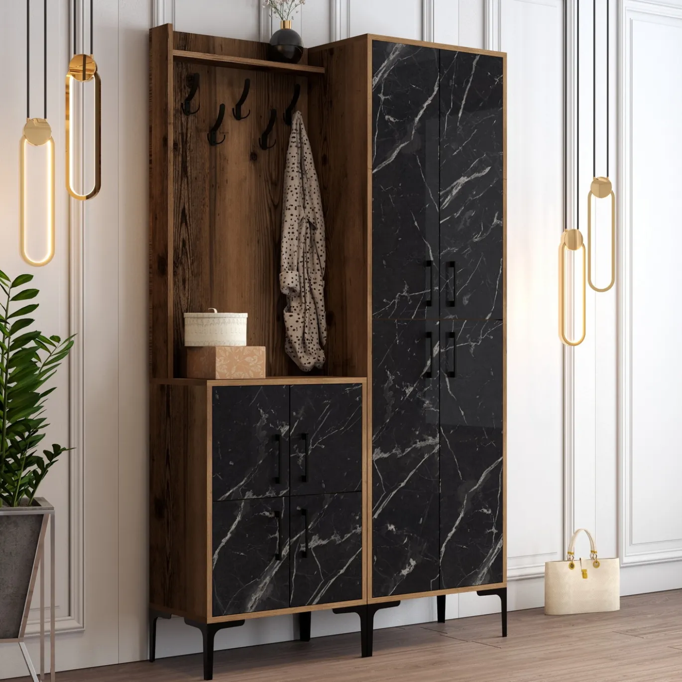 Garderobemeubel Berlin Melamine Walnoot Zwart Marmerlook
