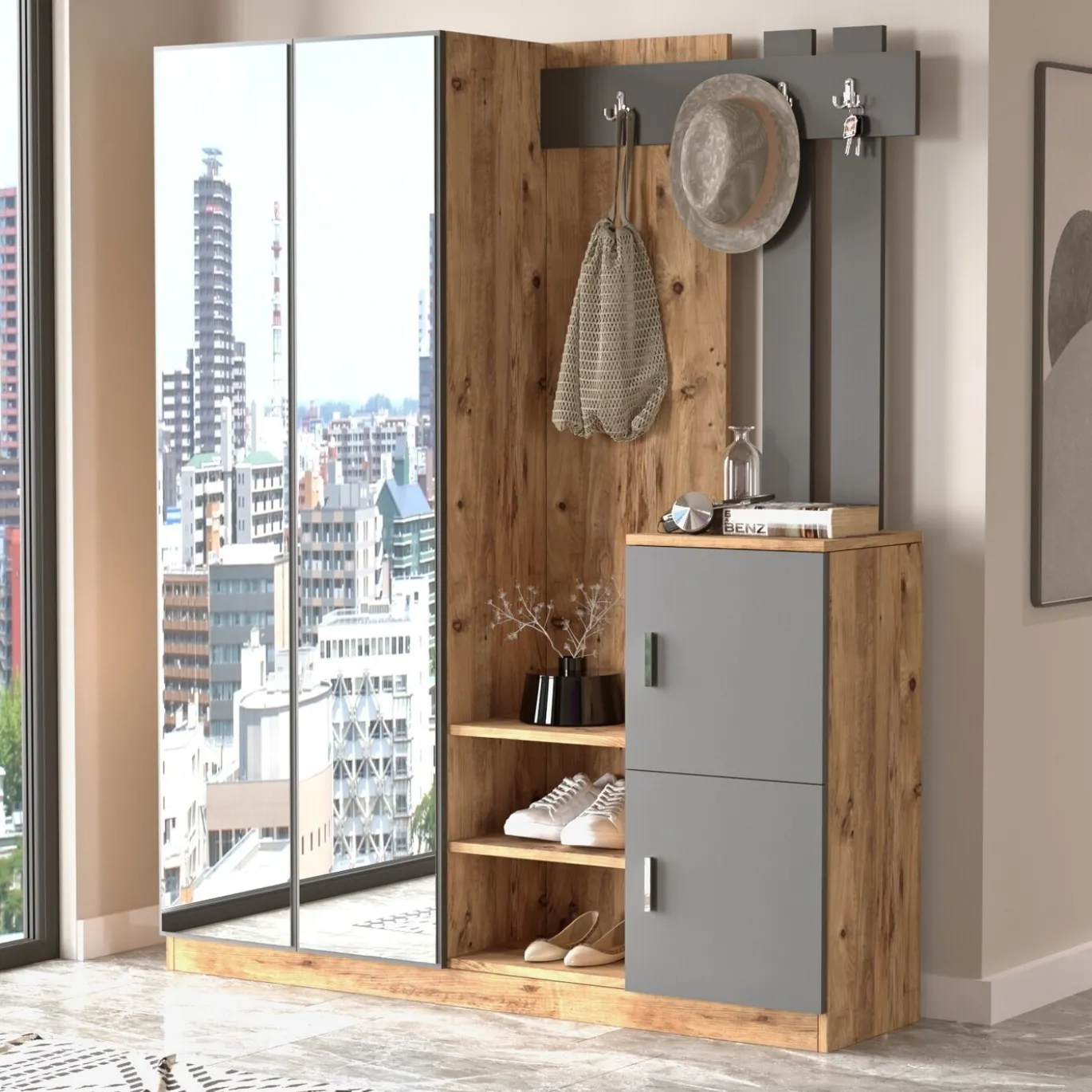 Garderobemeubel Didim Large Melamine Atlantic Pine Antraciet