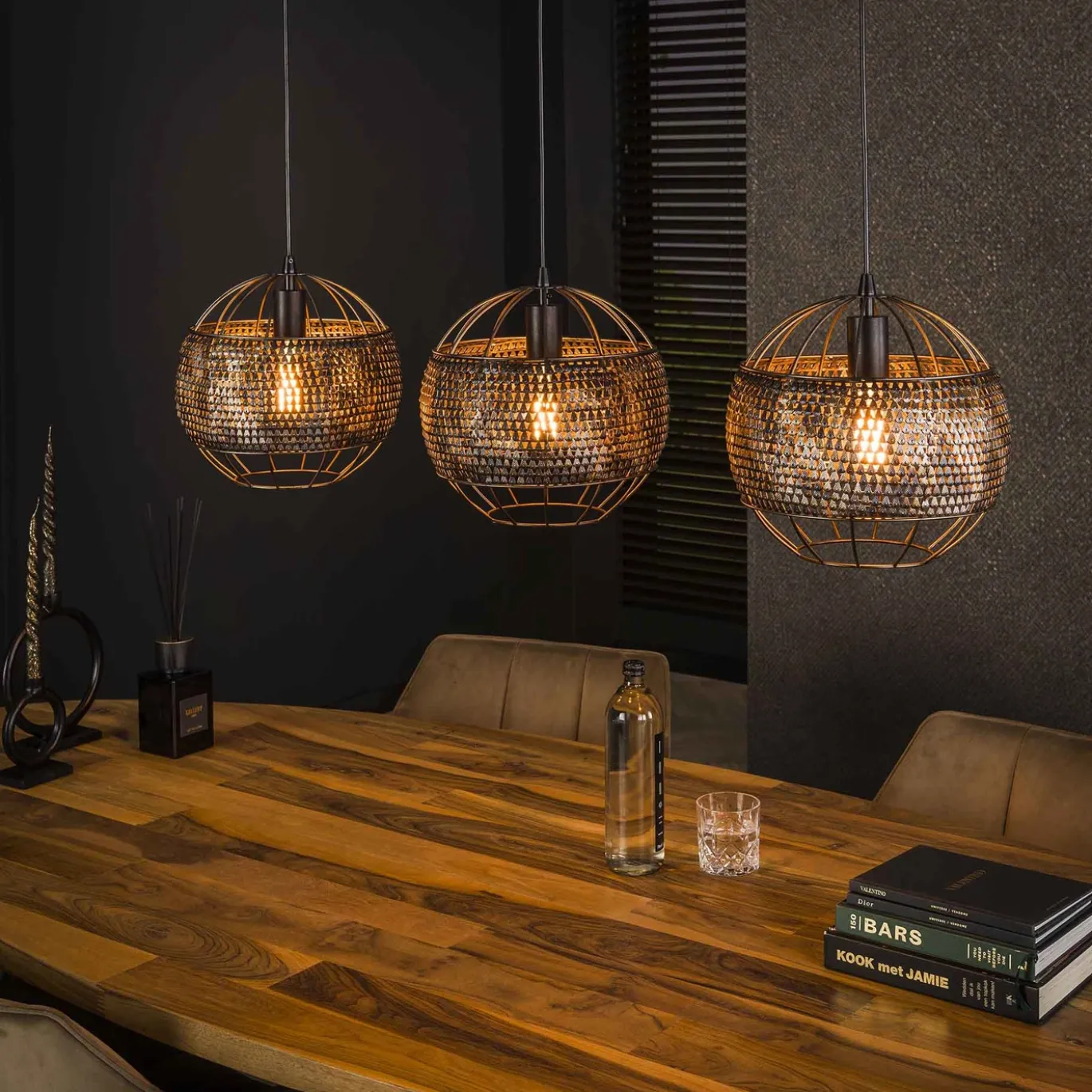 Hanglamp Armor Open 3-Lichts Zwart/Bruin - Giga Meubel