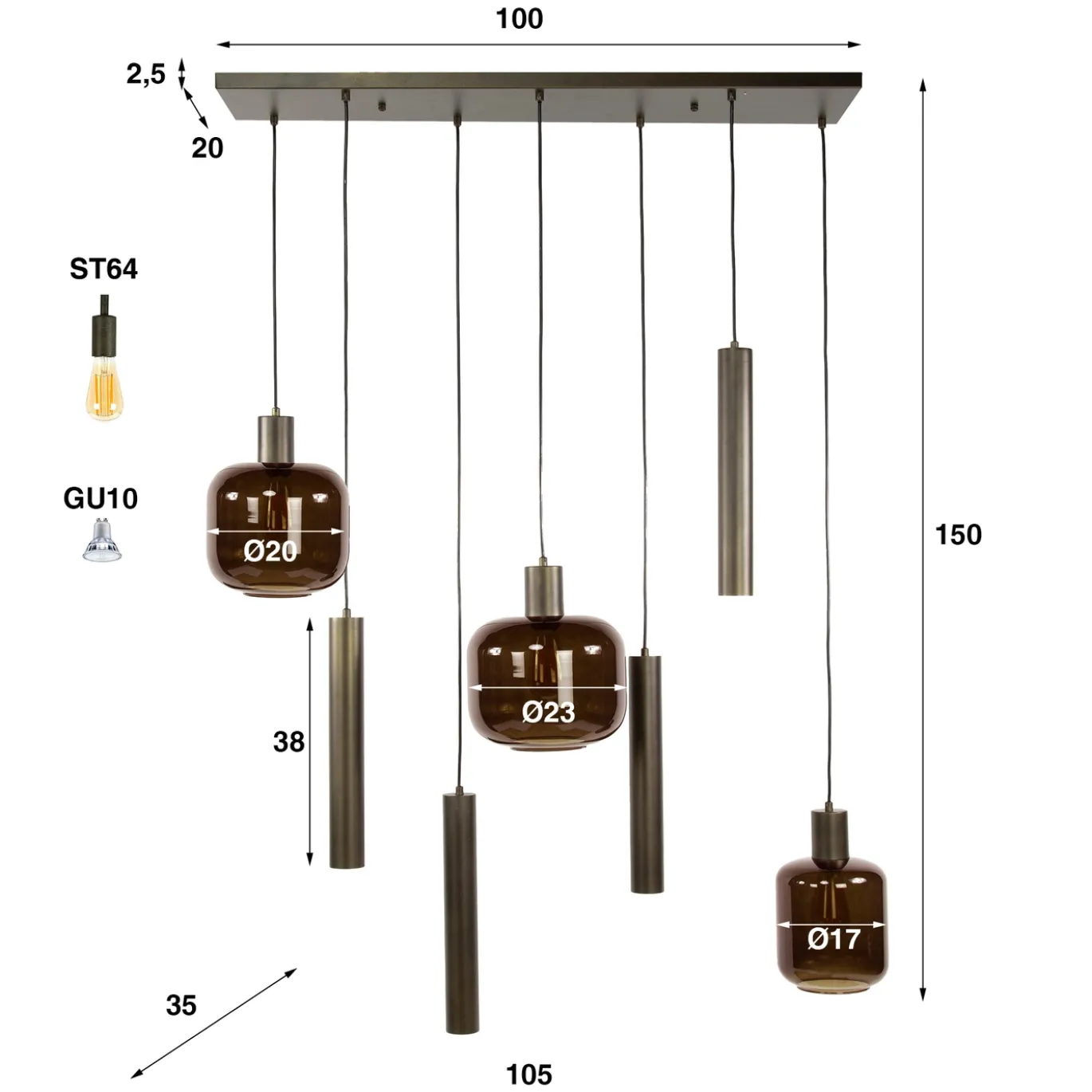 Hanglamp Bronza Mix 4+3-Lichts Bruin - Giga Meubel