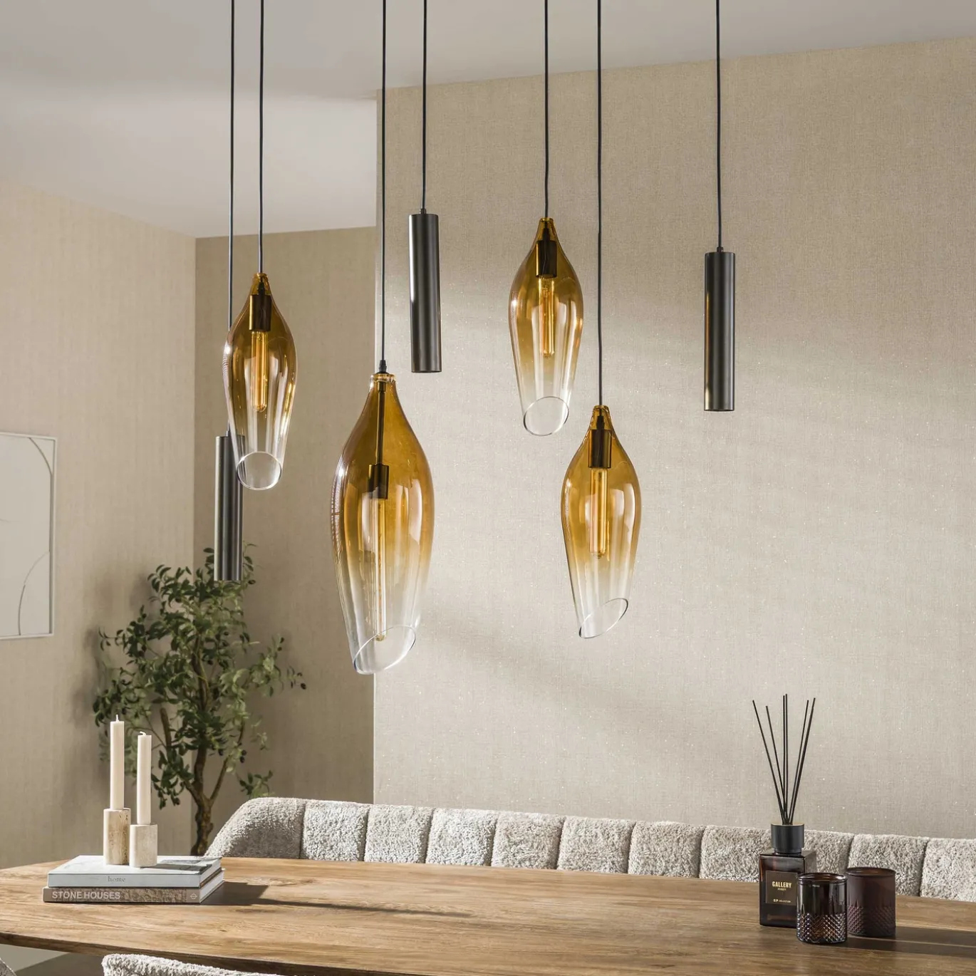 Hanglamp Cocoon Pendel 4+3-lichts Sienna Bruin-shaded - Giga Meubel