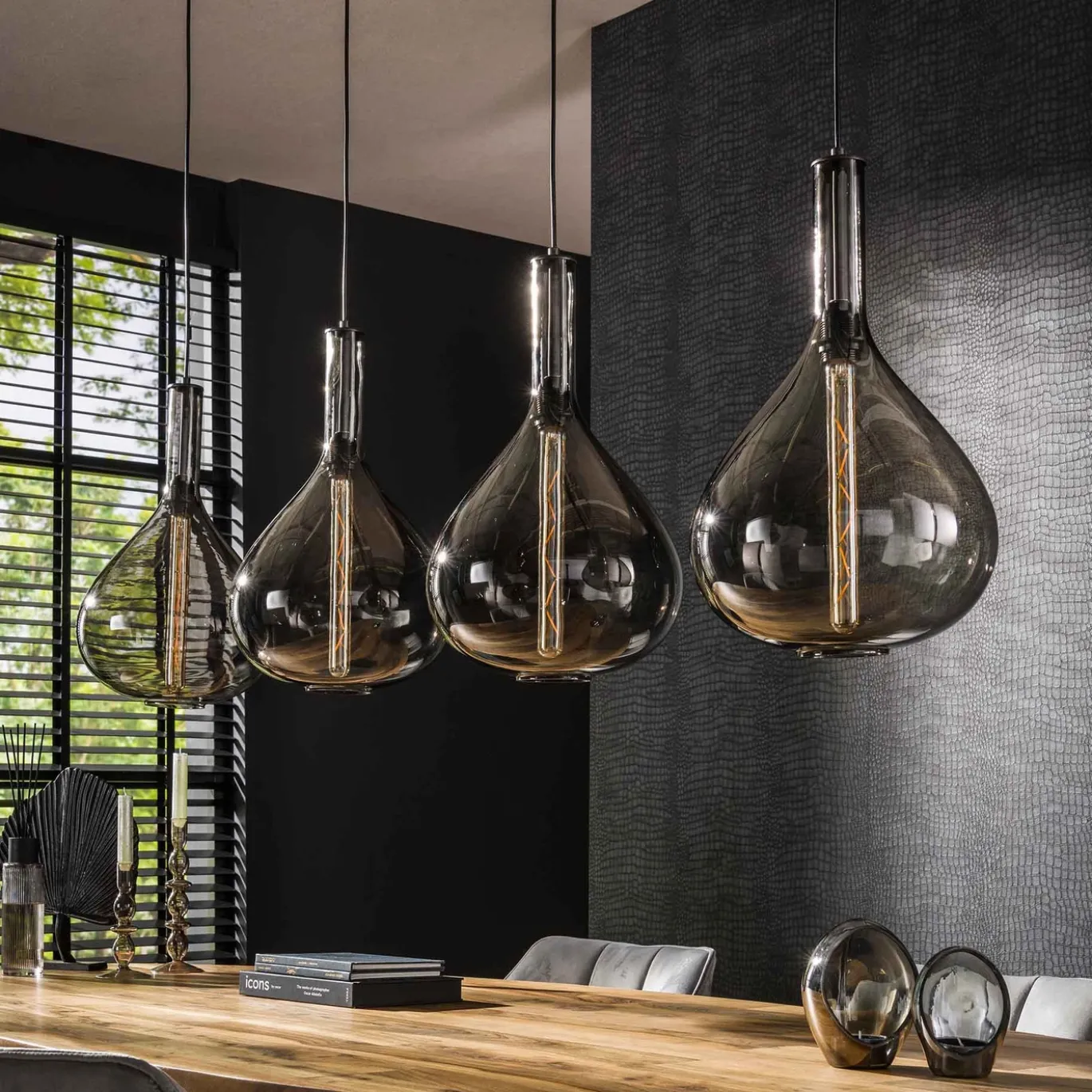 Hanglamp 4L Drop Smoke Glas Artic Zwart - Giga Meubel