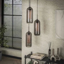 Hanglamp 3-Lichts Getrapt Smoke Glas Geperforeerd Staal - Giga Meubel
