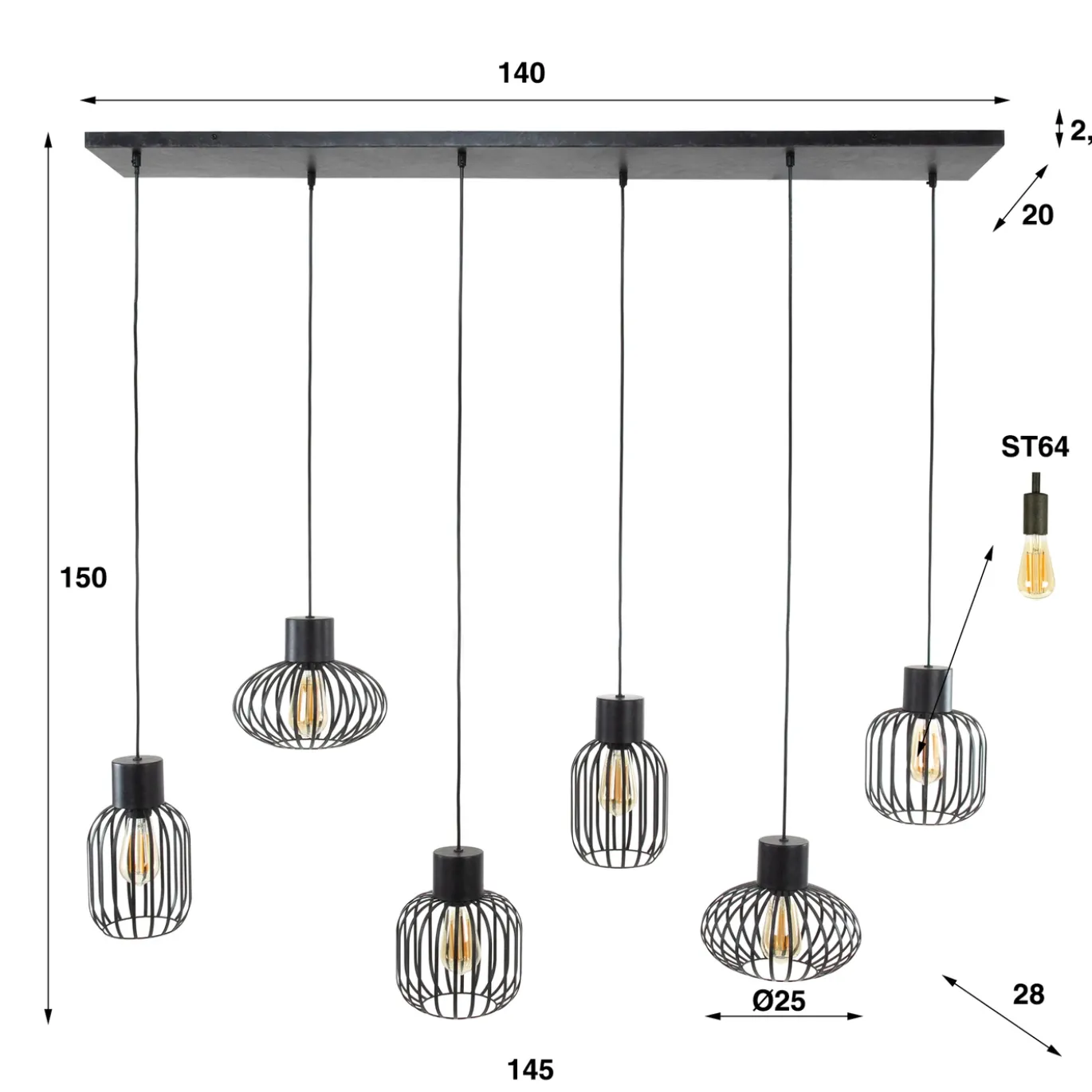 Hanglamp 6-Lichts Mix Metal Charcoal - Giga Meubel