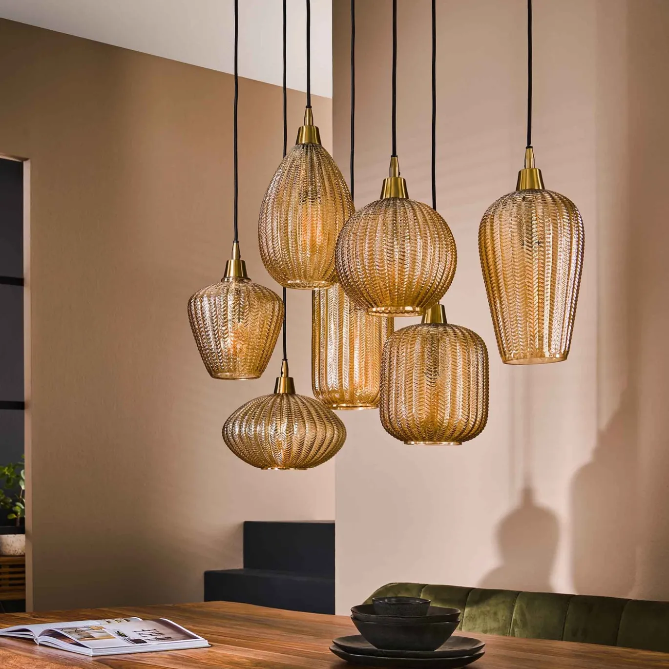 Hanglamp 7-Lichts Pattern Mix Amberkleurig Glas - Giga Meubel