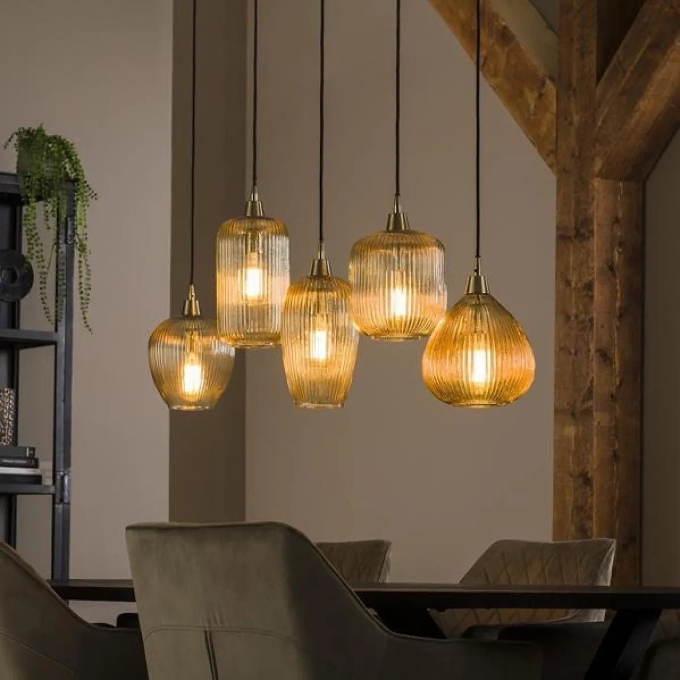Hanglamp 5L Stripe Glass Mix Amberkleurig - Giga Meubel