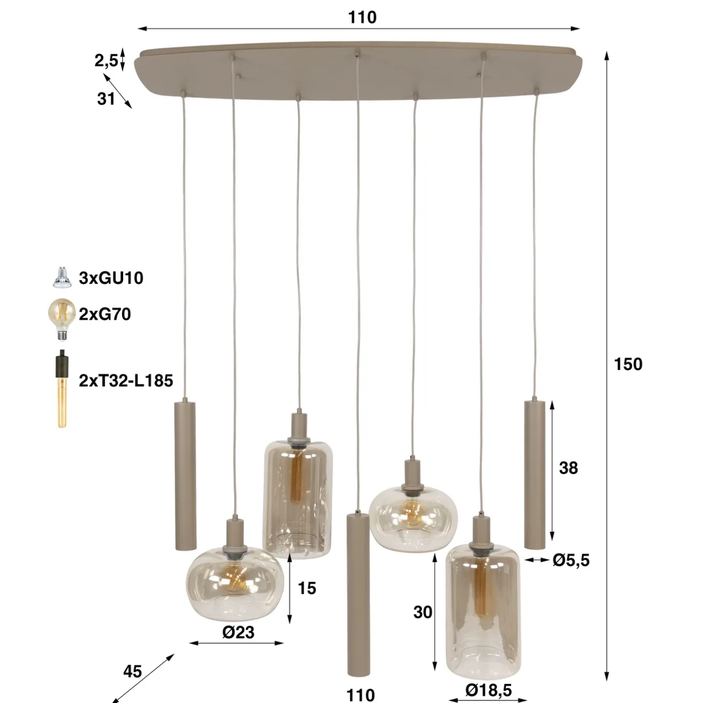 Hanglamp Serene 4+3-lichts Beige - Giga Meubel