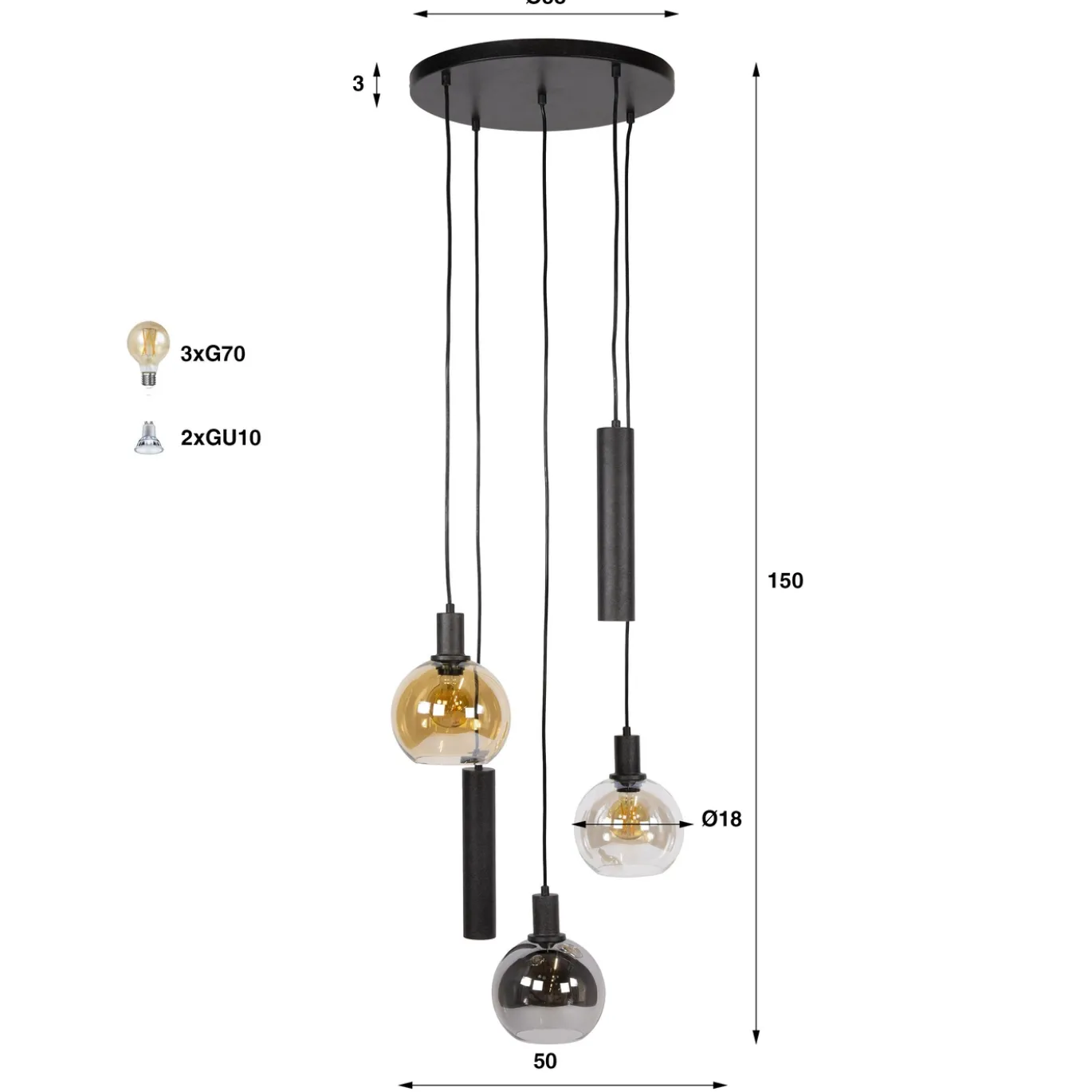 Hanglamp Sfera Tricolore Getrapt 5-lichts Artic Zwart - Giga Meubel