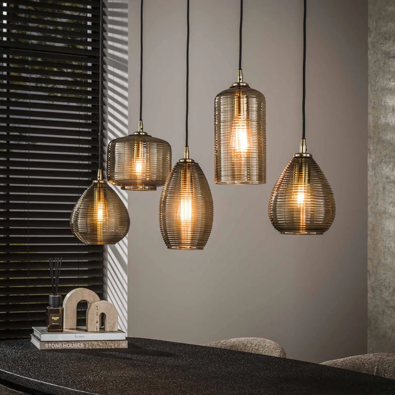 Hanglamp Stripe Glass Horizontaal 5-lichts Smoke Bruin - Giga Meubel