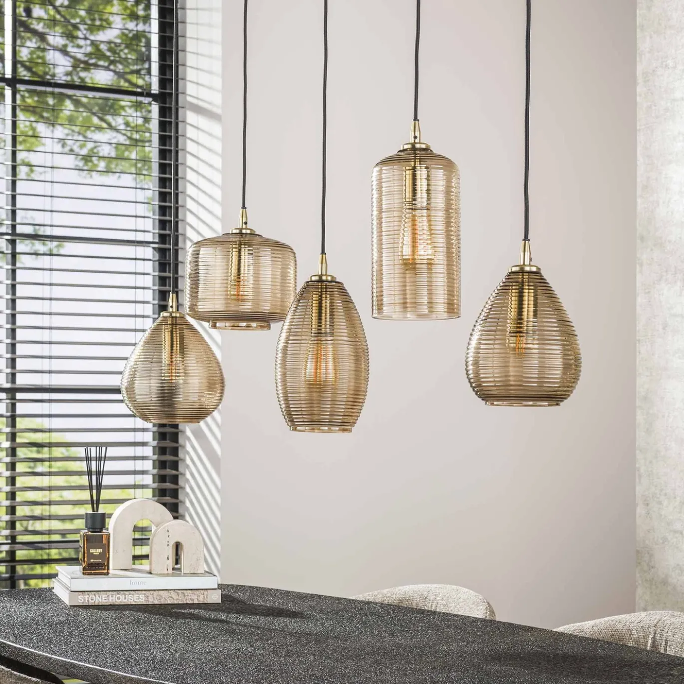 Hanglamp Stripe Glass Horizontaal 5-lichts Smoke Bruin - Giga Meubel