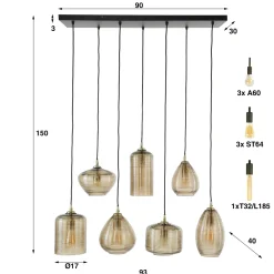 Hanglamp Stripe Horizontal 4+3-Lichts Glas Amber - Giga Meubel