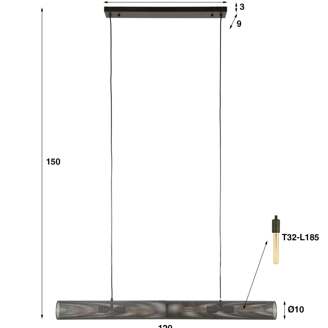 Hanglamp Tube Mesh Zwart 120cm - Giga Meubel