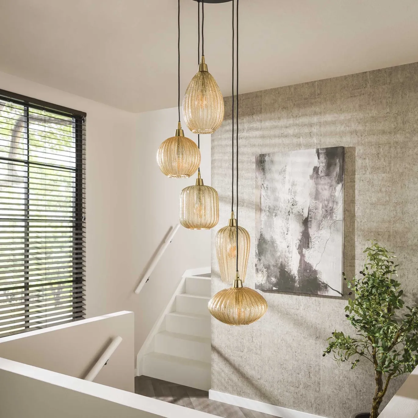 Hanglamp V-Shape Pattern 5-Lichts Getrapt Amberkleurig Glas - Giga Meubel