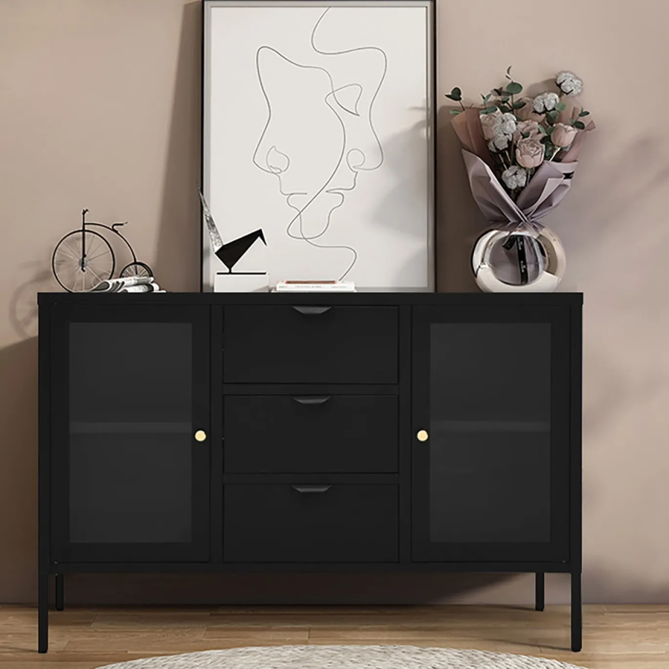 House Nordic Dressoir Dalby Zwart Staal met Glas