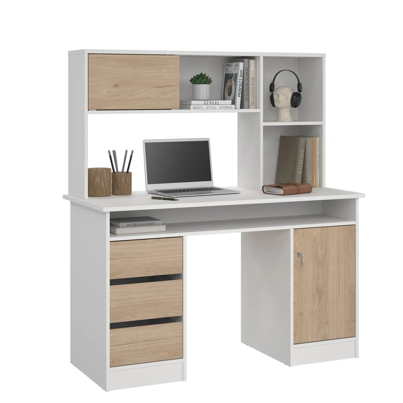 Kantoorbureau Function Plus Wit Jackson Hickory Met Bovenkast - Giga Living