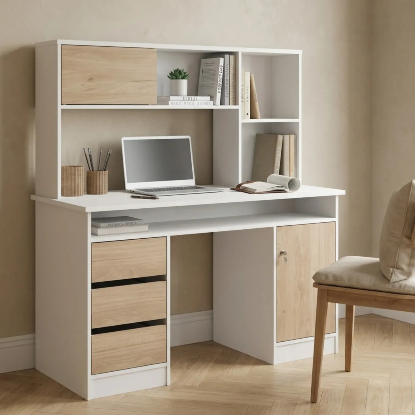 Kantoorbureau Function Plus Wit Jackson Hickory Met Bovenkast - Giga Living
