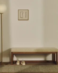 Kave Home Bankje Loya Beige Chenille En Beukenhout Walnootkleurig 128cm
