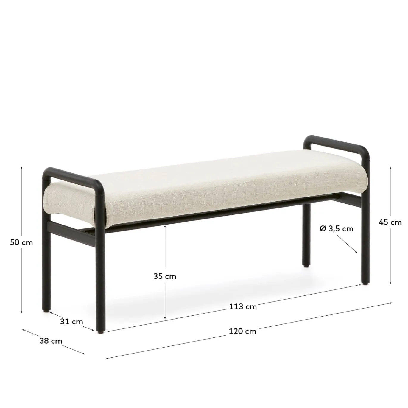 Kave Home Bankje Macaret Massief Eikenhout Zwart Afneembare Hoes 120cm