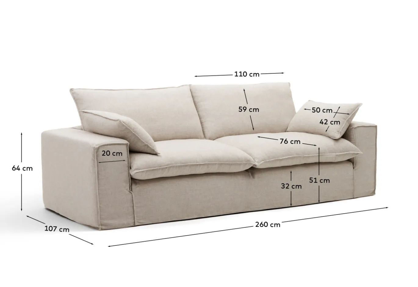 Kave Home Bank met Armleuning Anarela Linnen Beige 260cm