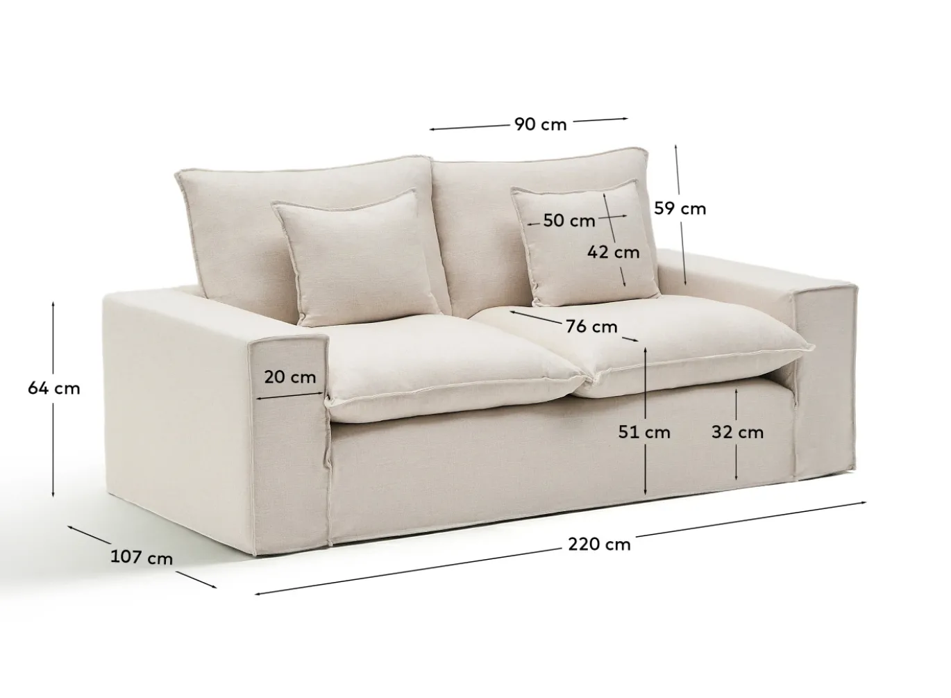 Kave Home Bank met Armleuning Anarela Linnen Beige 220cm