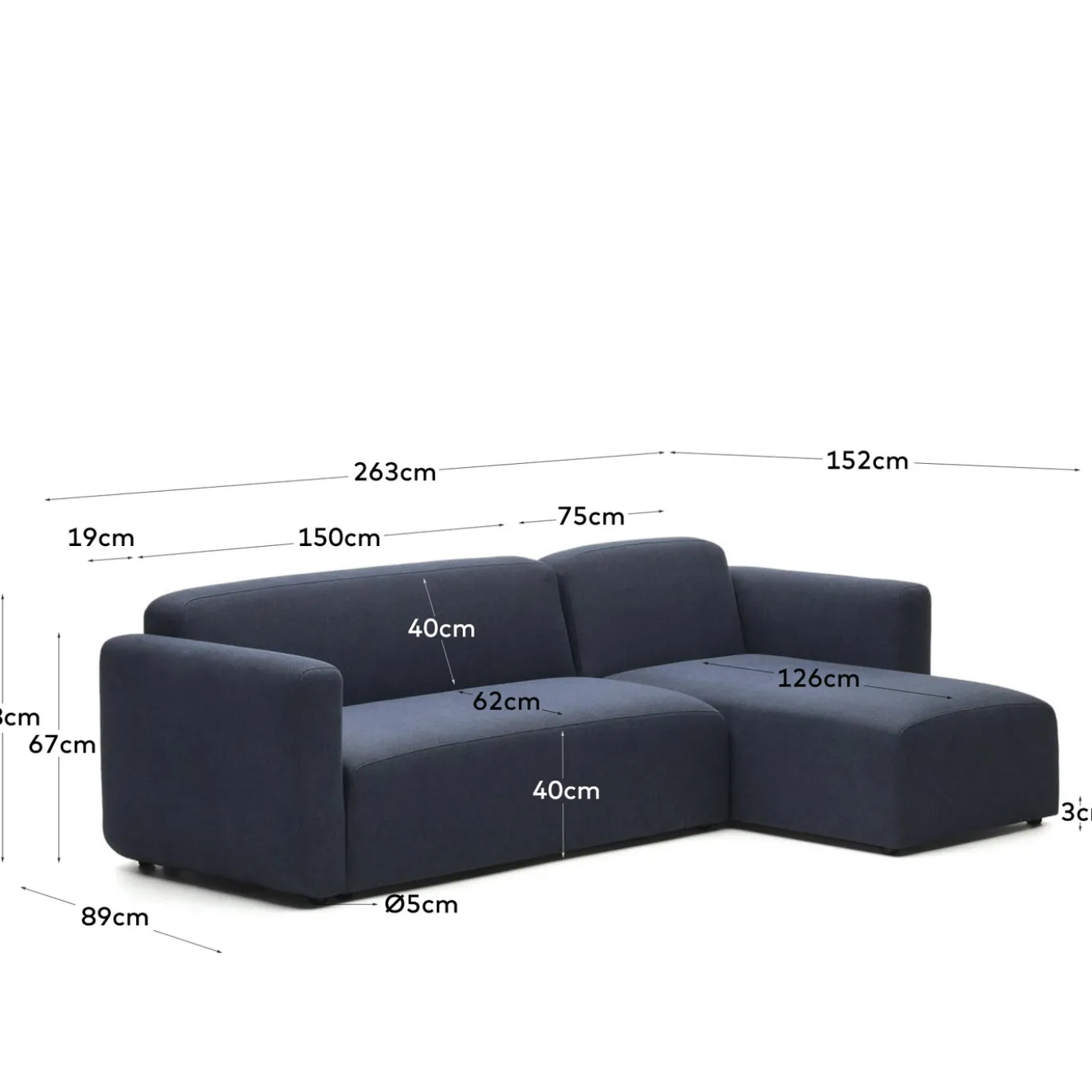 Kave Home Bank Neom Modulaire 3 Zits Chaise Longue Rechts/links Blauw 263cm