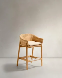 Kave Home Barkruk Galea Teakhout en Rotan 75cm