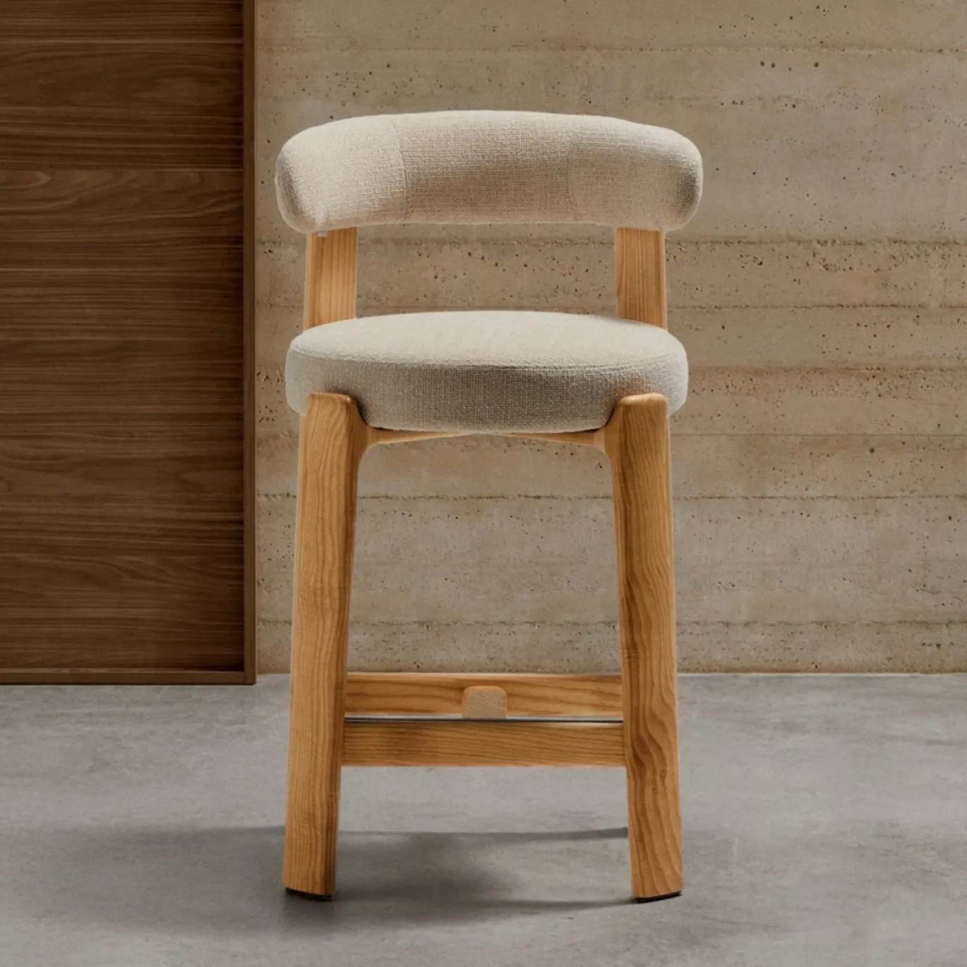 Kave Home Barkruk Granite Beige Chenille En Essenhout Naturel 75cm