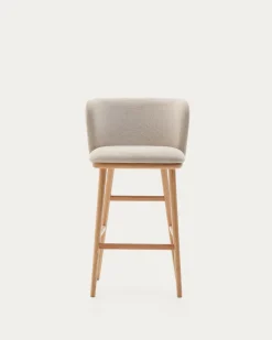Kave Home Barstoel Ciselia Beige Chenille Essenhout Naturel 65cm