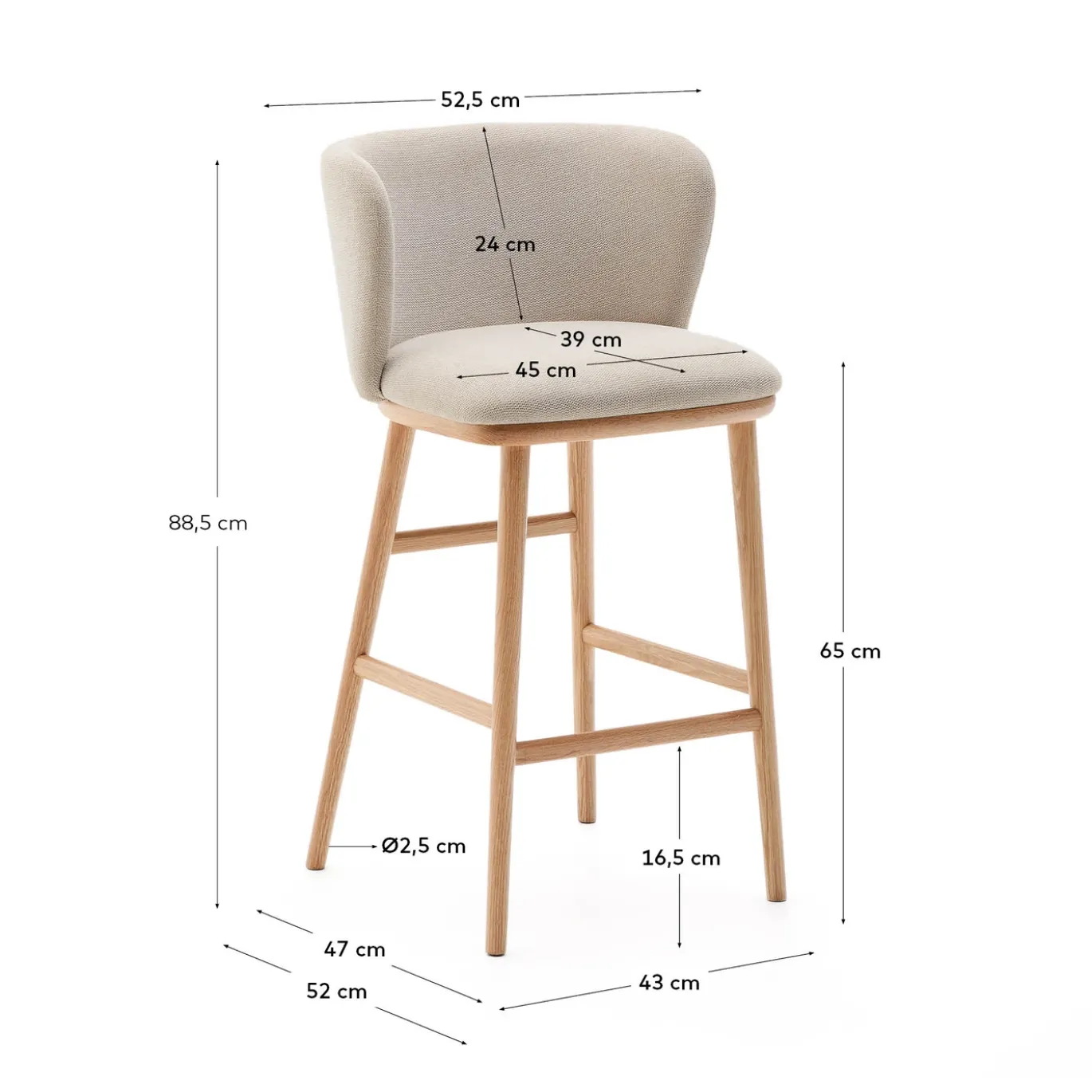 Kave Home Barstoel Ciselia Beige Chenille Essenhout Naturel 65cm