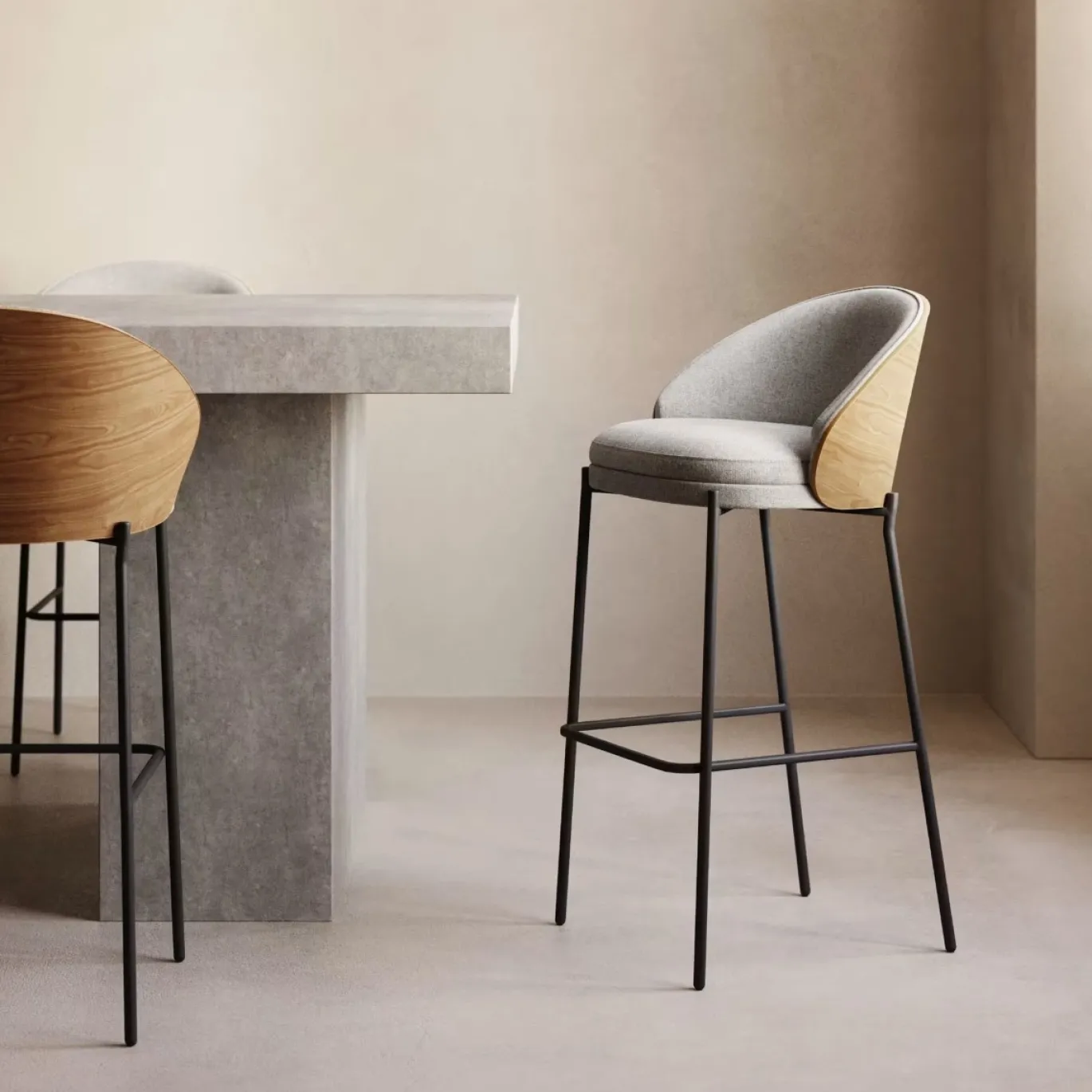 Kave Home Barstoel Eamy Lichtgrijs Chenille Essenhoutfineer Naturel