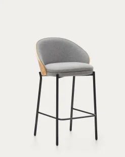 Kave Home Barstoel Eamy Lichtgrijs Chenille Essenhoutfineer Naturel