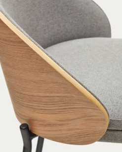 Kave Home Barstoel Eamy Lichtgrijs Chenille Essenhoutfineer Naturel