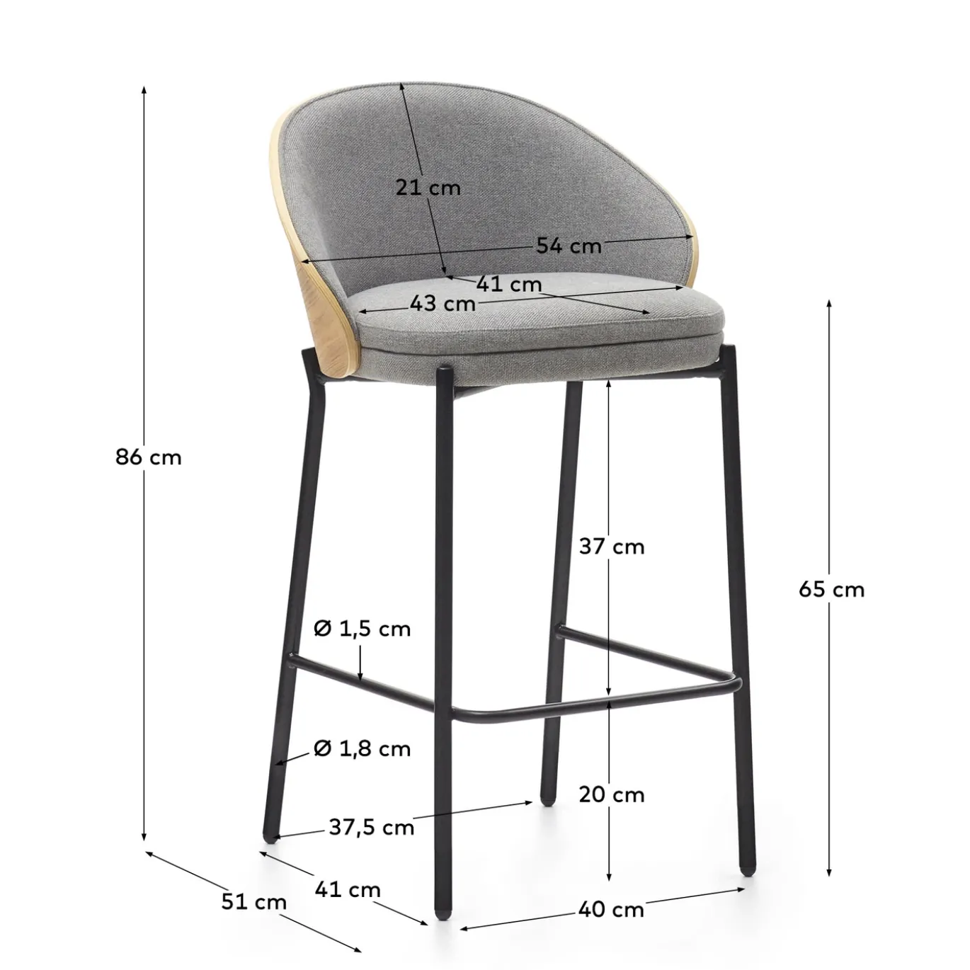 Kave Home Barstoel Eamy Lichtgrijs Chenille Essenhoutfineer Naturel