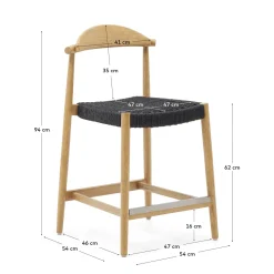 Kave Home Barstoel Nina Massief Naturel Acaciahout Zwart Touw
