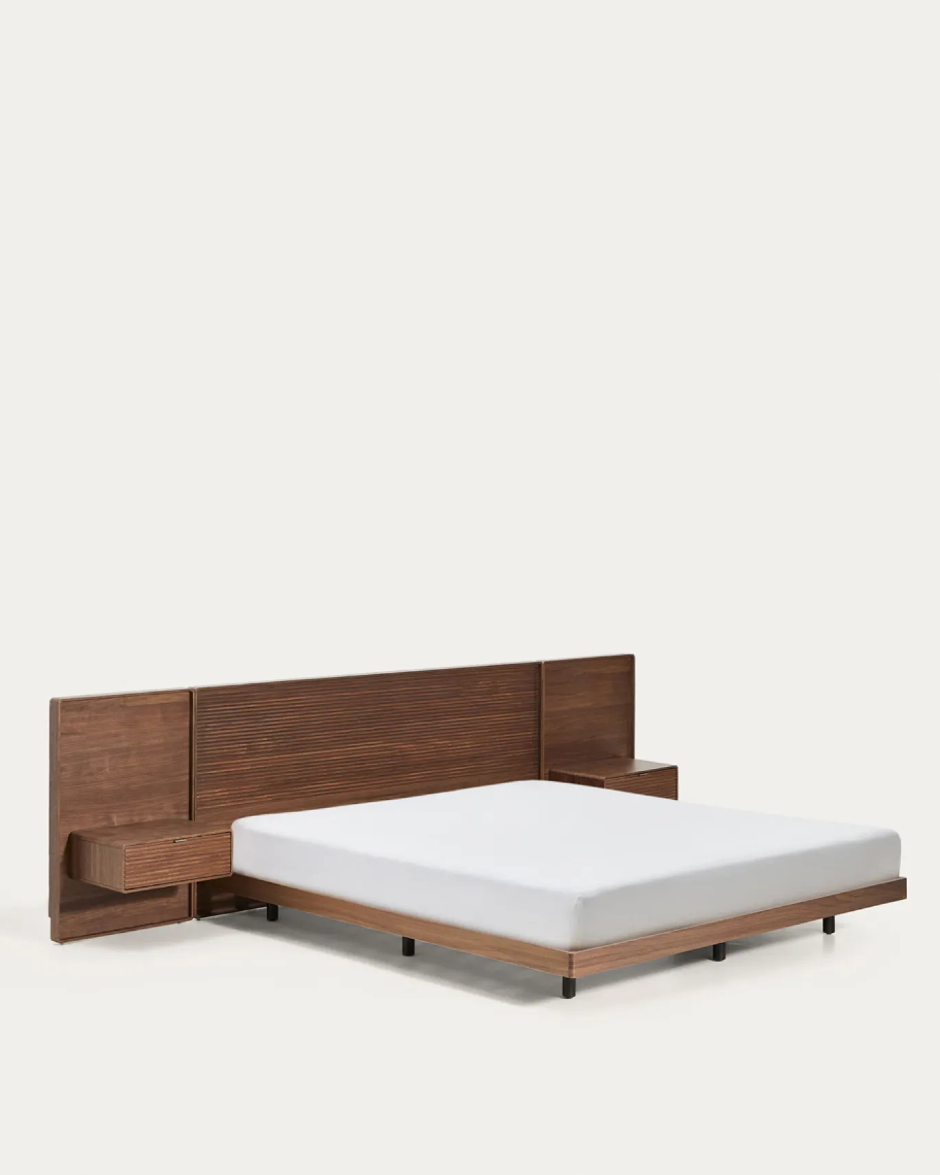 Kave Home Bed Norlen met 2 Nachtkastjes Walnootfineer Bruin en Led-licht voor Matras 180x200cm