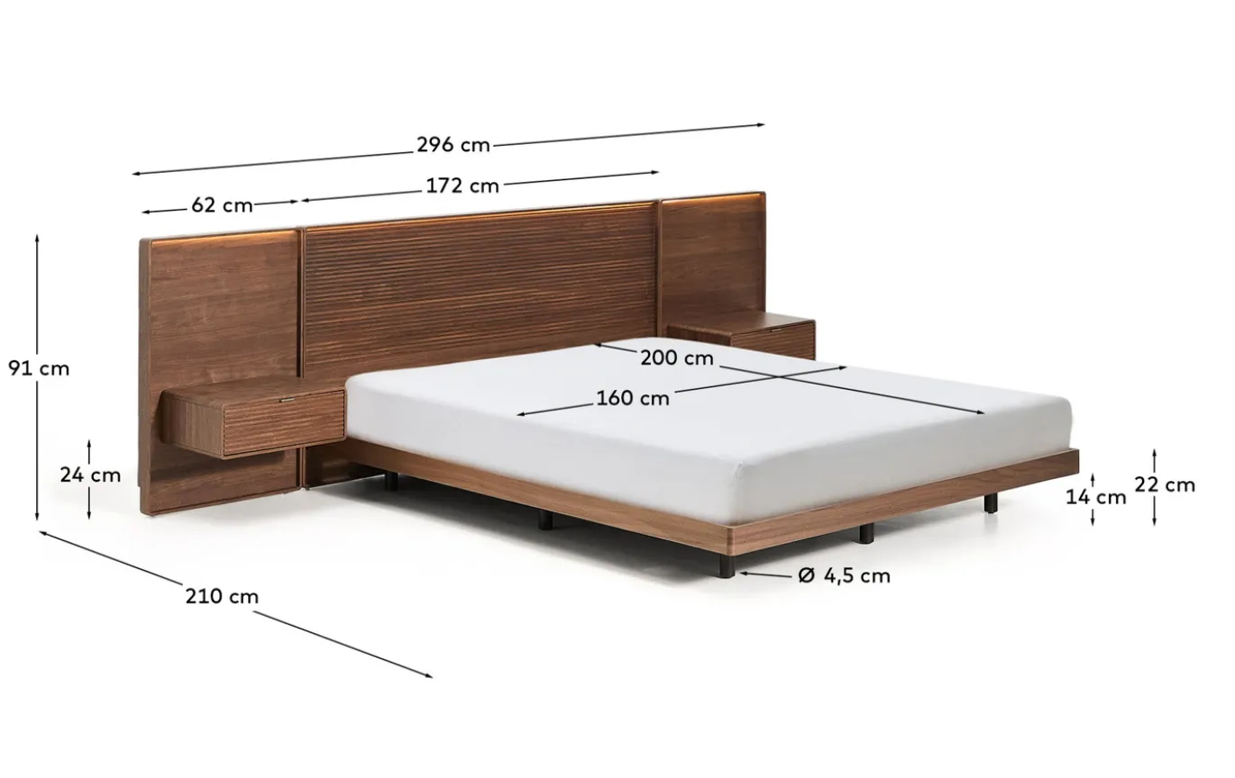 Kave Home Bed Norlen met 2 Nachtkastjes Walnootfineer Bruin en Led-licht voor Matras 160x200cm