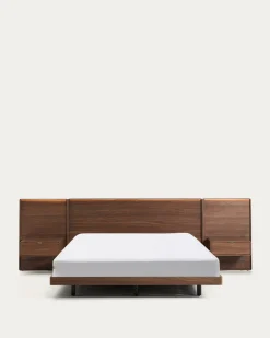 Kave Home Bed Norlen met 2 Nachtkastjes Walnootfineer Bruin en Led-licht voor Matras 160x200cm