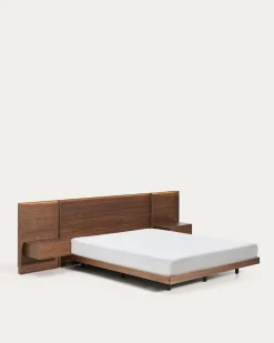 Kave Home Bed Norlen met 2 Nachtkastjes Walnootfineer Bruin en Led-licht voor Matras 160x200cm