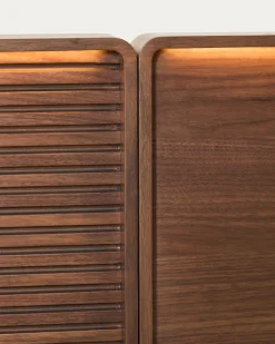 Kave Home Bed Norlen met 2 Nachtkastjes Walnootfineer Bruin en Led-licht voor Matras 160x200cm