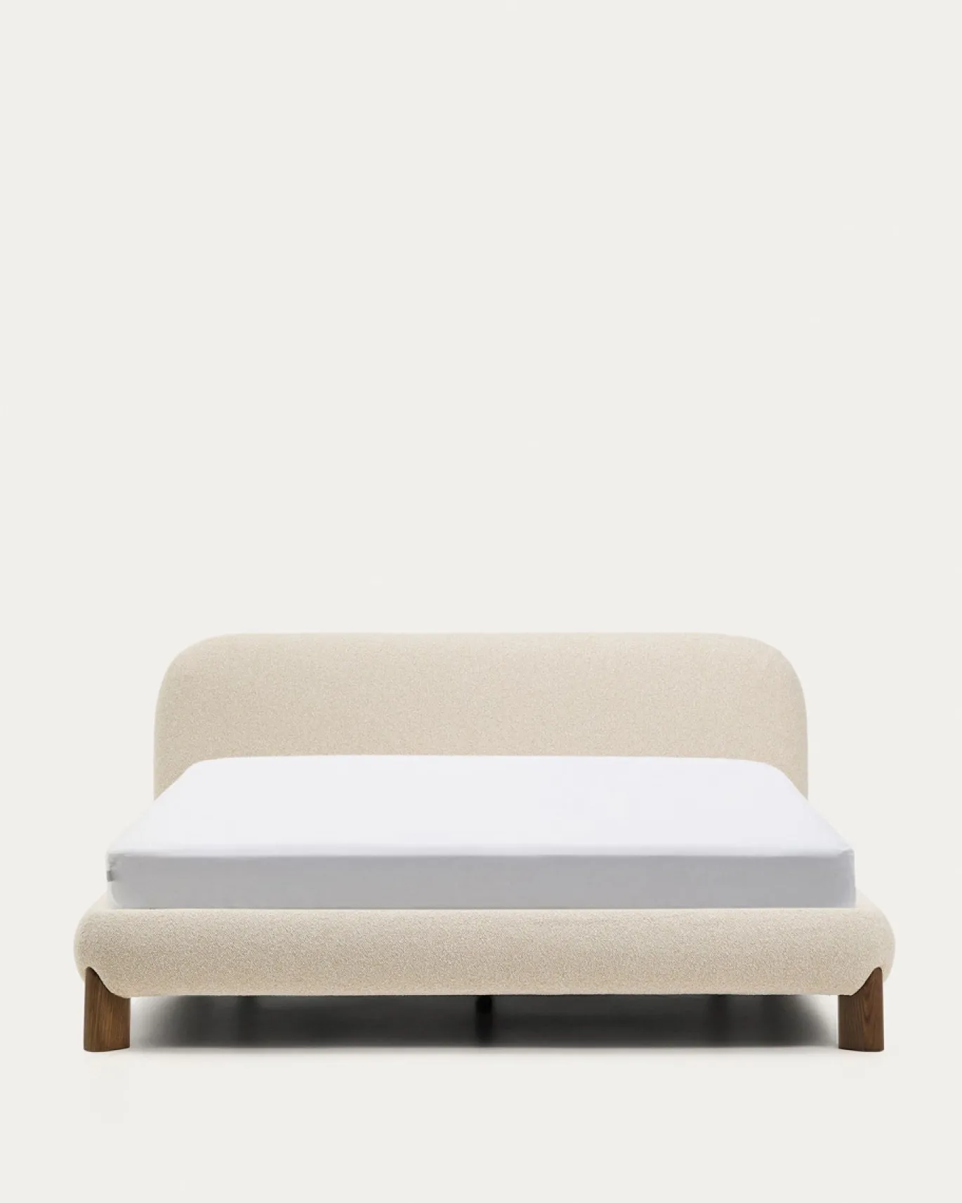 Kave Home Bed Odina Ecru Bouclé Afneembare Hoes Beige Essenhout voor Matras 160x200cm