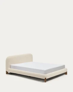 Kave Home Bed Odina Ecru Bouclé Afneembare Hoes Beige Essenhout voor Matras 160x200cm