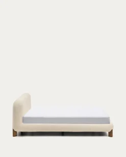 Kave Home Bed Odina Ecru Bouclé Afneembare Hoes Beige Essenhout voor Matras 160x200cm