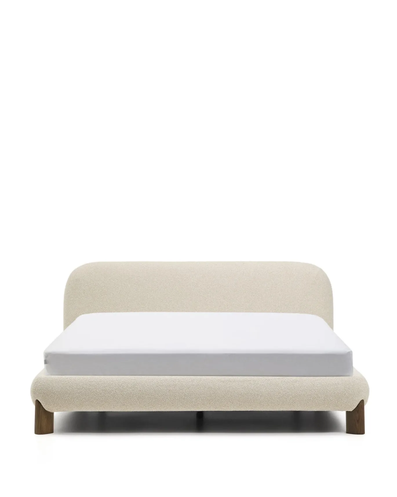 Kave Home Bed Odina Ecru Bouclé Afneembare Hoes Beige Essenhout voor Matras 160x200cm