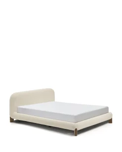 Kave Home Bed Odina Ecru Bouclé Afneembare Hoes Beige Essenhout voor Matras 160x200cm