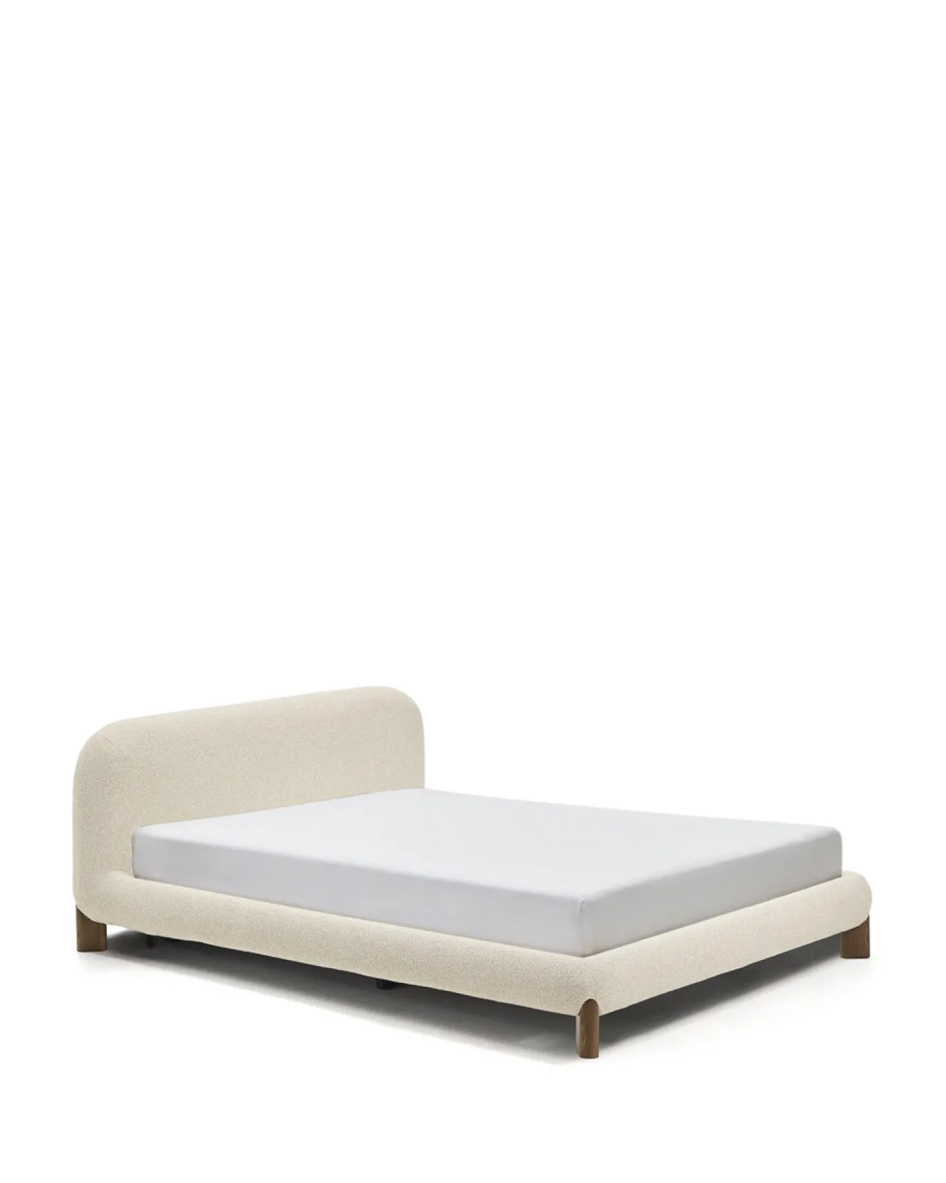 Kave Home Bed Odina Ecru Bouclé Afneembare Hoes Beige Essenhout voor Matras 160x200cm