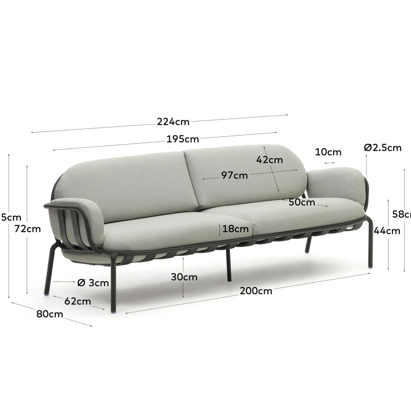 Kave Home Buitenbank Joncols 3-Zits Aluminium Grijs Gelakt 225cm
