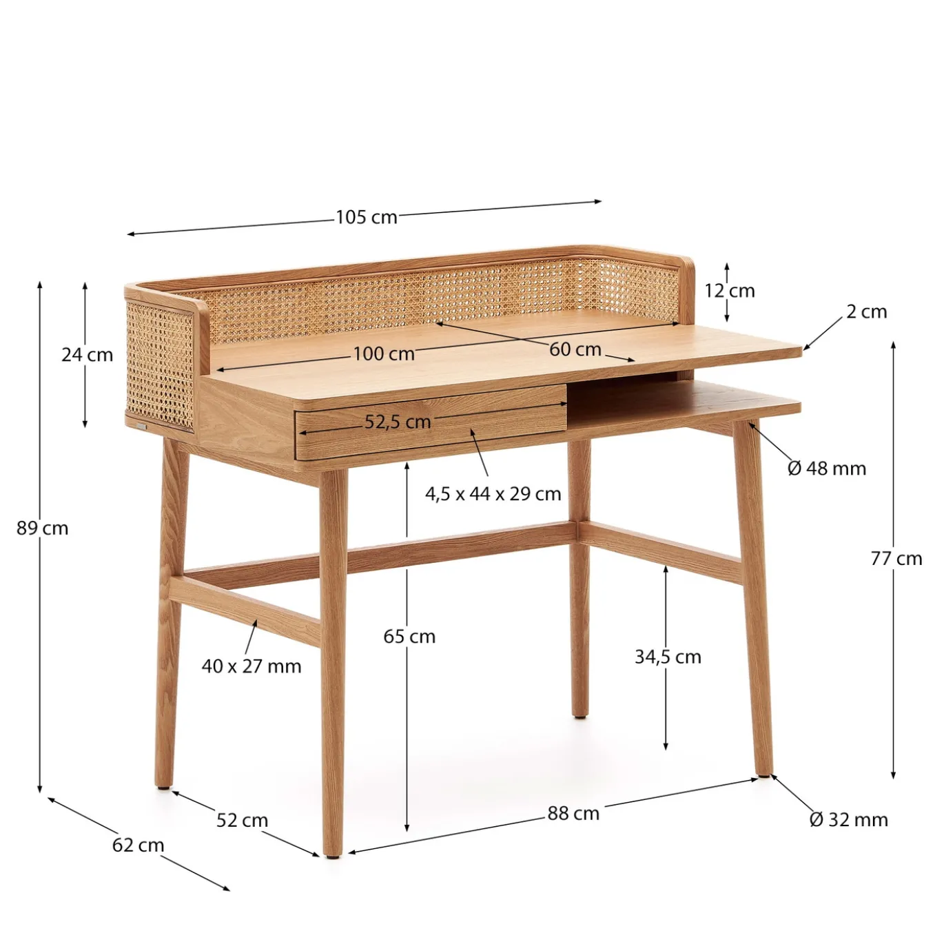 Kave Home Bureau Araxi Fineer Massief Essen 105x62cm