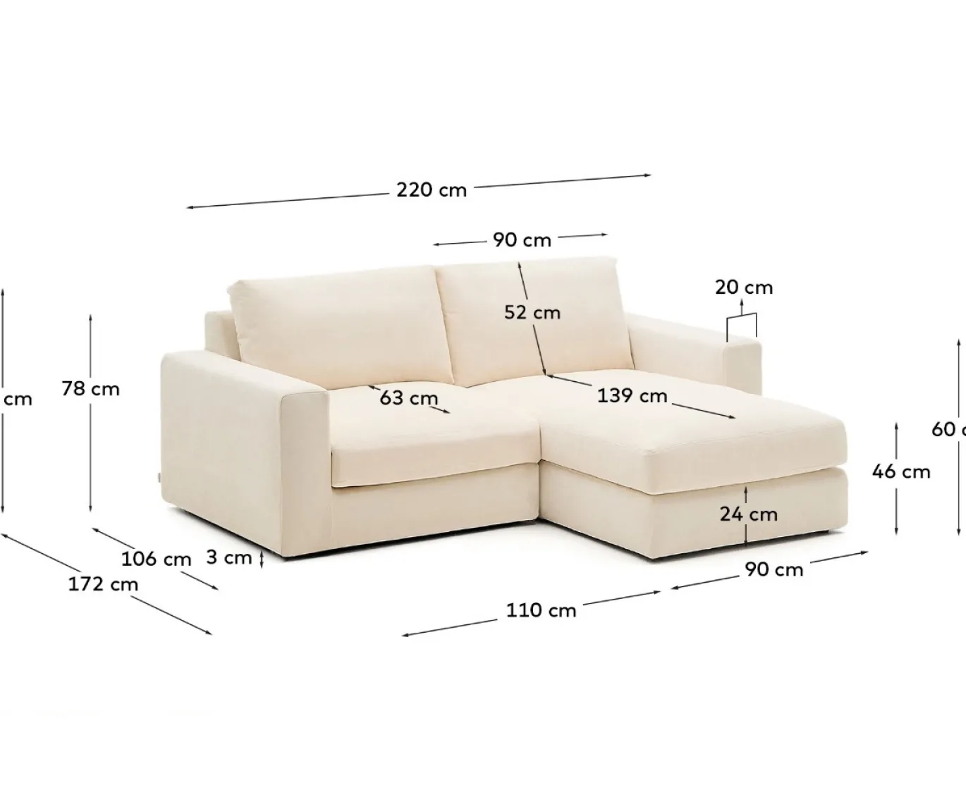 Kave Home Chaise Longue Bank Alea Chenille Ecru 3-Zits Rechts
